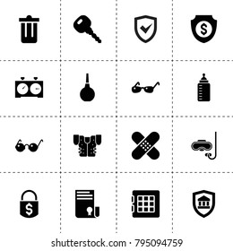 Protection icons. vector collection filled protection icons. includes symbols such as safe, sertificate, money shield, car key, trash bin. use for web, mobile and ui design.