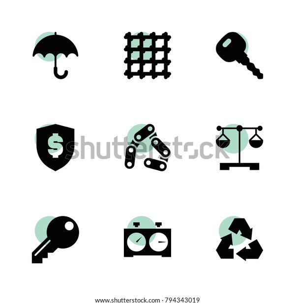 Protection icons. vector\
collection filled protection icons set.. includes symbols such as\
chain, car key, recycle, scales, metal fence. use for web, mobile\
and ui design.