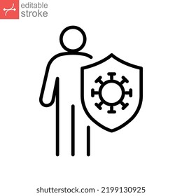 Protection immune response, covid-19, vaccine icon. human is holding shield, bacteria attack. Immune system vaccination antibiotics Editable stroke vector illustration design on white background EPS10