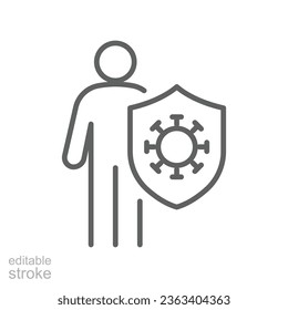 Protection immune response, covid-19, vaccine icon. human is holding shield, bacteria attack. Immune system vaccination antibiotics Editable stroke vector illustration design on white background EPS10