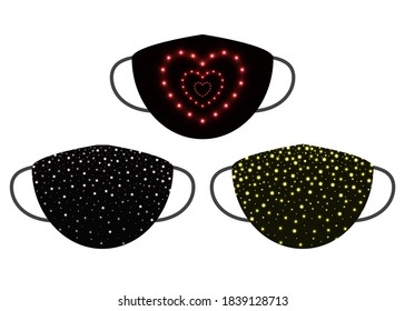 Schutz individueller Ziermasken. Muster glänzend Konfektion, glitter, unscharfer Kreis auf Schwarz. Gesichtsmasken zu Weihnachten, Neujahr. Vektorgrafik