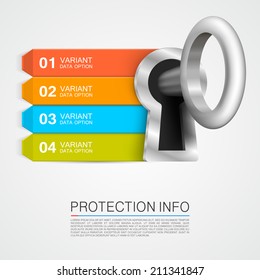 Seta de informações de proteção. Infográfico chave, seta de informações de cadeado, ilustração vetorial