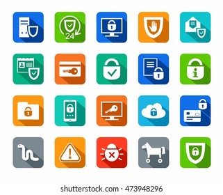 Protection of information, icons, colored, flat. Information technology, data security system. Vector white icons on a colored background with a shadow. 