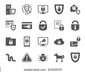 Protection of information, icons, monochrome. Information technology, data security system. Vector flat icons on white background.  