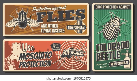 Protection from insects and pests control banners. Flies and mosquito, colorado beetle on garden plants vector. Aerosol spray with pesticide or insecticide for protection against insects poster