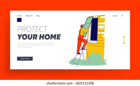 Protection of Insects at Summer Period Landing Page Template. Worker Character Stand on Ladder Installing Mosquito Net on Plastic Window from Outside of Cottage Building. Linear Vector Illustration