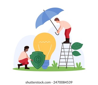 Protection of intellectual property and copyrights. Tiny people holding umbrella and shield near big bright light bulb to protect authors rights, trademark and patent cartoon vector illustration