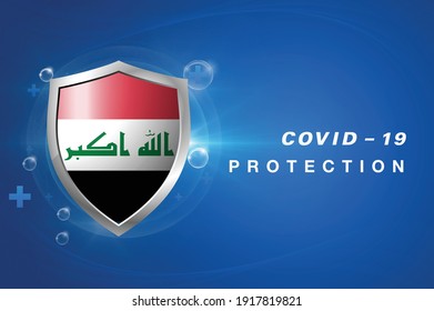 Protection Iraq flag Coronavirus COVID-19 on dark background. Novel Coronavirus COVID-19.