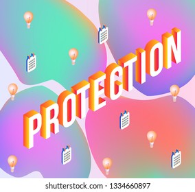 Protection isometric gradient text design on abstract geometric fluid colors shapes and bubbles with business elements for business presentation or promotional banner in vector illustration.