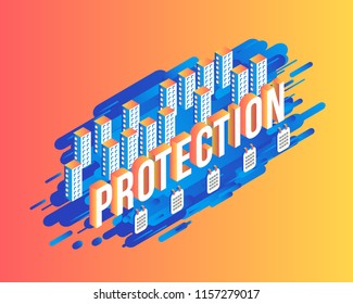 Protection isometric text design with multi storey buildings and calendars on abstract geometric blue fluid color shapes and stripes on orange gradient background in vector illustration.