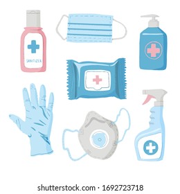 Protection Items Sanitizer, Glove, Wipes, Mask, Respirator, Spray, Soap. Personal Protection From Infection. Vector Illustrations Set.