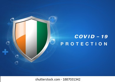 Protection Ivory Coast flag Coronavirus COVID-19 on dark background. Novel Coronavirus COVID-19.