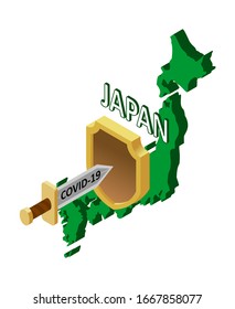 protection of Japan against coronavirus COVID-19. A coronavirus in the form of a sword attacks the country of Japan, protected by a shield. Vector isometric image of the state of Japan, shield, sword.