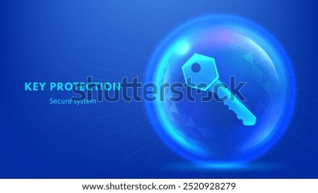 Protection key. Digital security key in glowing wireframe shield sphere. Futuristic cybersecurity, network safety or data encryption vector concept illustration.