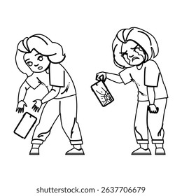 protection kid girl broken phone vector. insurance screen, accident cracked, shattered fix protection kid girl broken phone character. people black line pencil drawing illustration