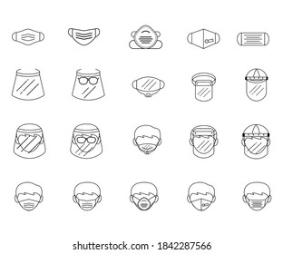 Protection Kit Icon Set. Mouth Mask and Face Shield Icon Set. Vector Design Illustration.