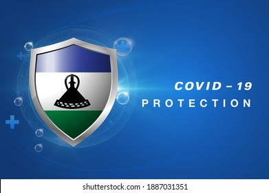 Protection Lesotho flag Coronavirus COVID-19 on dark background. Novel Coronavirus COVID-19.