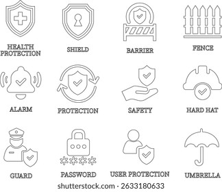 Protection line art icon set.Essential items for ensuring worker protection and site safety.Containing security, safety, defense solid collection. Vector illustration.For website design, logo etc.