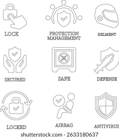 Protection line art icon set.Essential items for ensuring worker protection and site safety.Containing security, safety, defense solid collection. Vector illustration.For website design, logo etc.