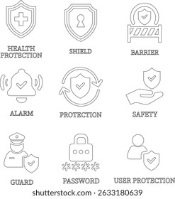 Protection line art icon set.Essential items for ensuring worker protection and site safety.Containing security, safety, defense solid collection. Vector illustration.For website design, logo etc.