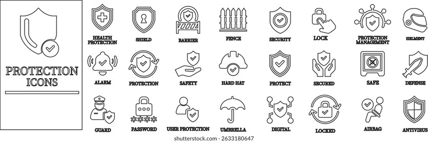 Protection line art icon set.Essential items for ensuring worker protection and site safety.Containing security, safety, defense solid collection. Vector illustration.For website design, logo etc.