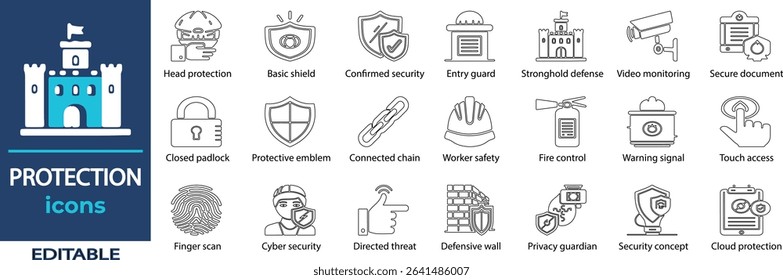 Protection line art vectors featuring shields, locks, security icons, privacy symbols, safe data, and digital defense designs.