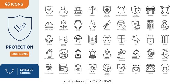 Protection line editable icon set. Containing security, safe, shield, lock, alarm, umbrella, guard, fence and more. Vector illustration