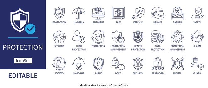  Conjunto de iconos de línea de protección. Con escudo, cerradura, antivirus, seguridad, seguridad, Contraseña, casco, alarma, protección del usuario y símbolos de guardia en esquema de color azul.
