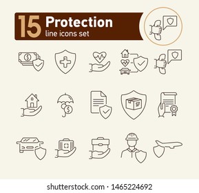 Protection line icon set. Shield, transportation, policy. Guarantee concept. Can be used for topics like accident, property