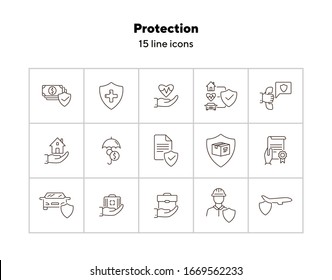 Protection line icon set. Shield, transportation, policy. Guarantee concept. Can be used for topics like insurance, accident, property