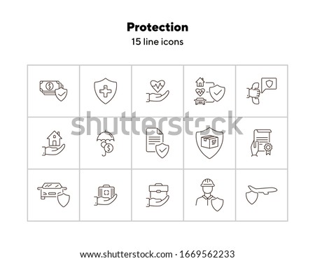 Protection line icon set. Shield, transportation, policy. Guarantee concept. Can be used for topics like insurance, accident, property
