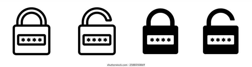 Protection lock icon. Padlock with password icon collection. Locked and unlocked padlock in line and flat design. Vector illustration. Editable stroke EPS 10