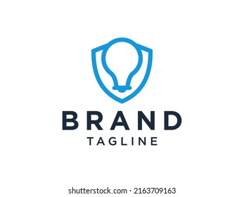 Protection Logo. Blue Shield with Negative Space Light Bulb inside. Flat Vector Logo Design Template Element.

