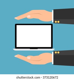 Protection with love, businessman holding laptop notebook . Vector illustration conceptual Insurance concept design.