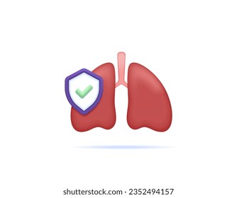 protección de los pulmones frente a enfermedades, gérmenes, bacterias y virus. salud interna. órganos respiratorios. pulmones con un escudo. icono o símbolo. Concepto de diseño 3d minimalista. elementos vectores. blanco 