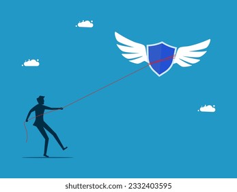 Protección. hombre usando una cuerda para atar un escudo de escapar