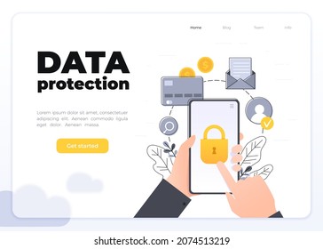 Protection of mobile data and personal information, hands holding mobile phone with lock, data access concept, flat cartoon vector with floral elements. Glassmorphism landing page concept.