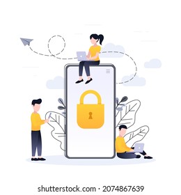Protection of mobile data and personal information, hands holding mobile phone with lock, data access concept, flat cartoon vector with floral elements.
