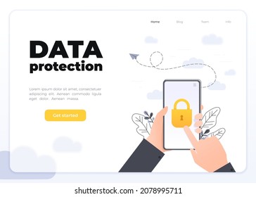 Protección de datos móviles e información personal, manos con cerradura de teléfono móvil, concepto de acceso a datos, vectores planos de dibujos animados con elementos florales. Concepto de la página de inicio del glasmorfismo.