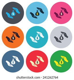 Protection money bag sign icon. Hands protect cash in Dollars symbol. Money or savings insurance. Colored round buttons. Flat design circle icons set. Vector