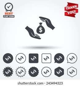 Protection money bag sign icon. Hands protect cash in Dollars symbol. Money or savings insurance. Circle, star, speech bubble and square buttons. Award medal with check mark. Thank you ribbon. Vector