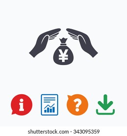 Protection money bag sign icon. Hands protect cash in Yen symbol. Money or savings insurance. Information think bubble, question mark, download and report.