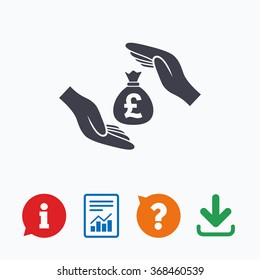 Protection money bag sign icon. Hands protect cash in Pounds symbol. Money or savings insurance. Information think bubble, question mark, download and report.