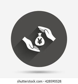 Protection money bag sign icon. Hands protect cash in Yen symbol. Money or savings insurance. Circle flat button with shadow. Vector