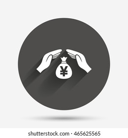 Protection money bag sign icon. Hands protect cash in Yen symbol. Money or savings insurance. Circle flat button with shadow. Vector