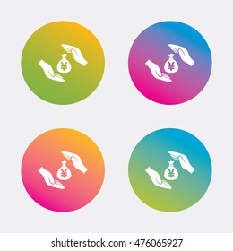 Protection money bag sign icon. Hands protect cash in Yen symbol. Money or savings insurance. Gradient flat buttons with icon. Modern design. Vector