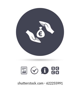 Protection money bag sign icon. Hands protect cash in Euro symbol. Money or savings insurance. Report document, information and check tick icons. Currency exchange. Vector