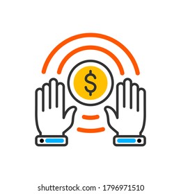 Protection money cartoon design. Hands over the money to protect. Vector color icon.