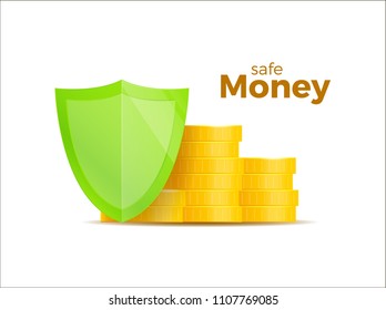 Protection money, concept 3d shield. Saving dollar. Coins isolated on white. Vector illustration. Eps 10