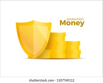 Protection money, concept 3d shield. Saving dollar. Coins isolated on white. Vector illustration. Eps 10